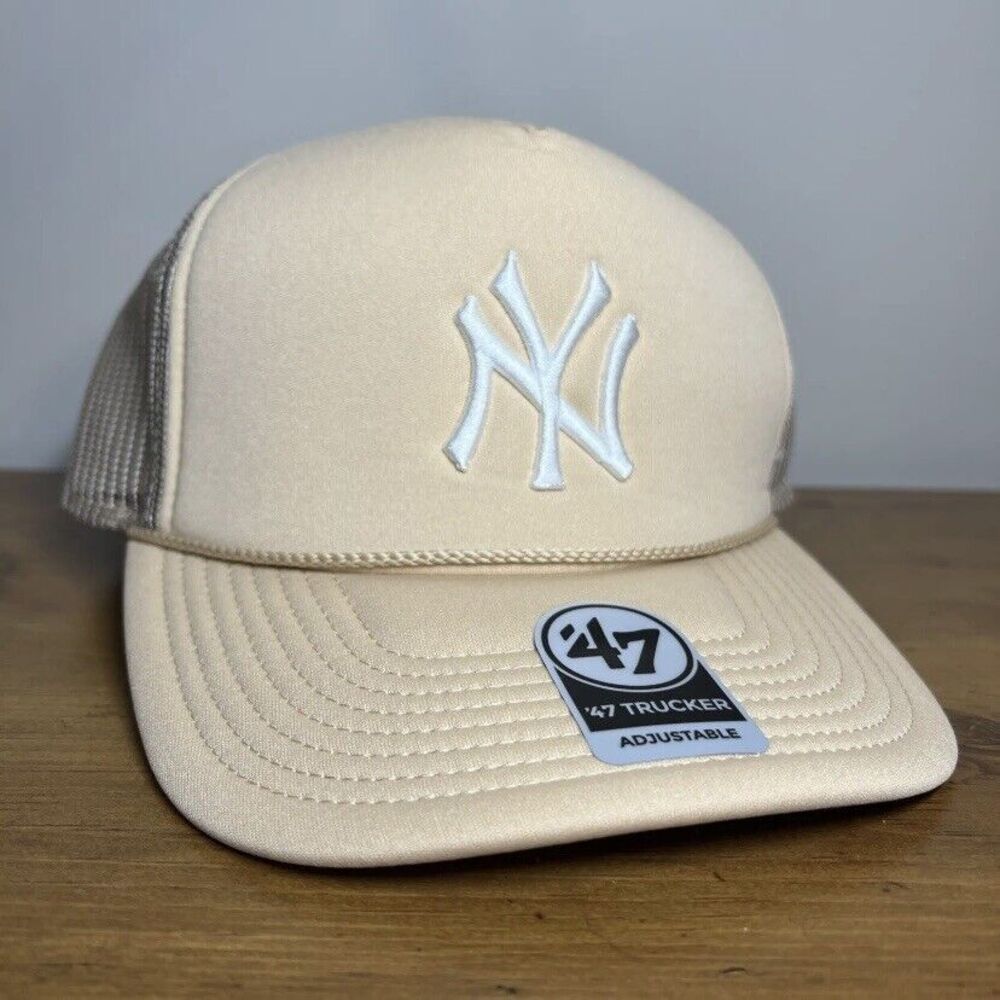 '47 Brand New York Yankees Trucker Snapback Baseball Hat Cap Beige Sand Tan NEW - Picture 2 of 8